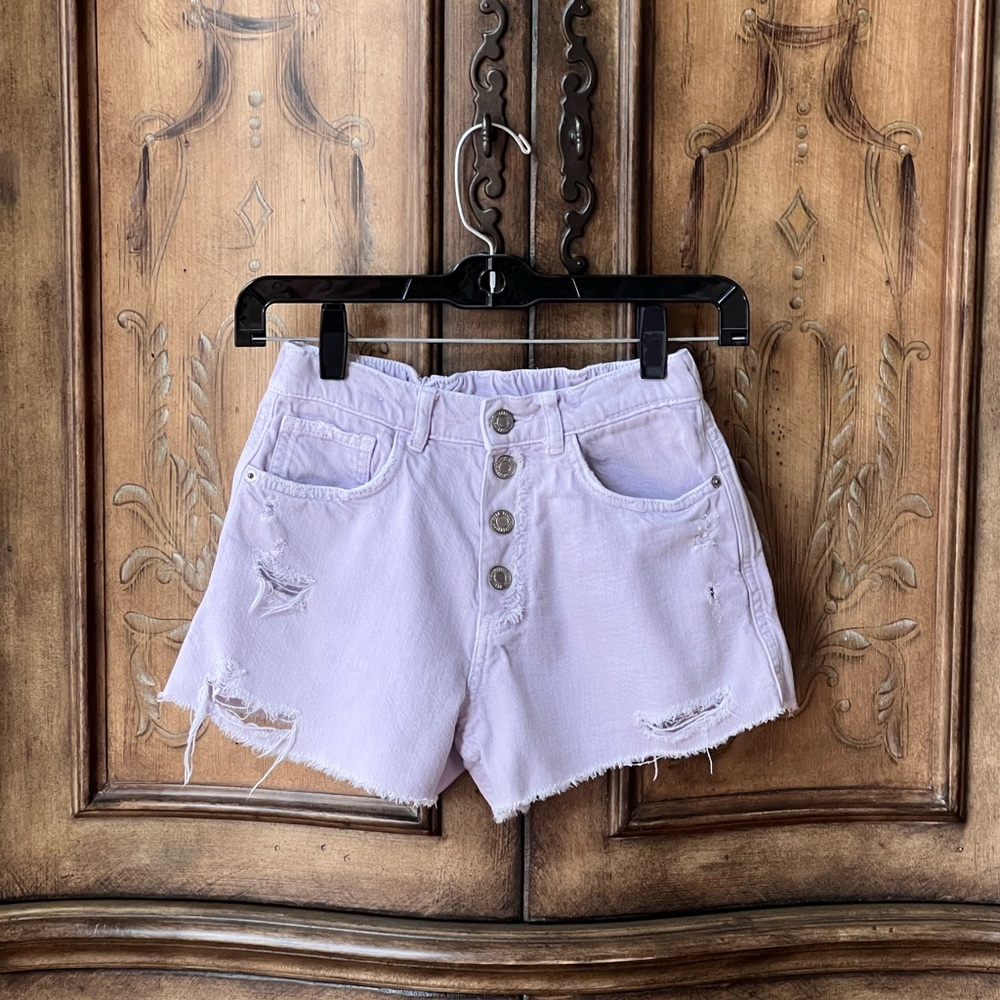 Zara Girls Pastel Purple Denim Shorts Distressed Snap Button Front Sz 9/10 - Picture 4 of 16